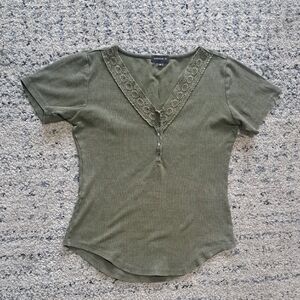 Warehouse Olive Short Sleeve Top with Lace Detail